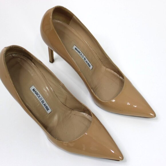Manolo Blahnik 39.5 US 8.5/9 Nude Pumps Heels Shoes Patent Leather Pointy Toe - Picture 1 of 16